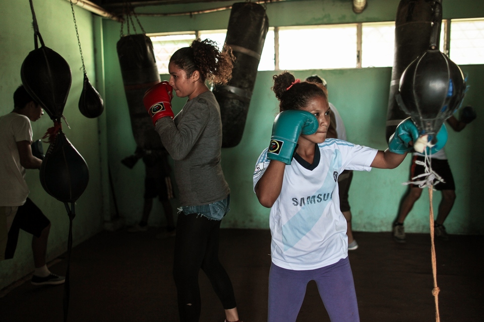 Women train with punch bags at the National Institute of Sport in Managua, March 4, 2015. (Reuters Photo/Oswaldo Rivas)