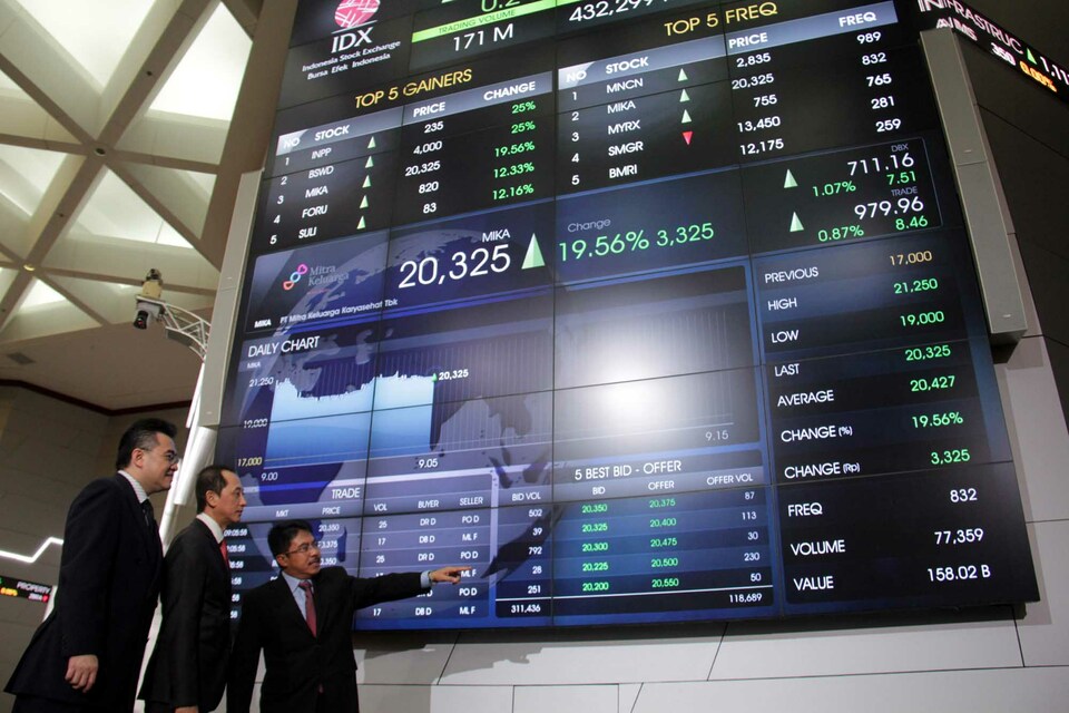 The 10:1 split will reduce the nominal value of the shares from Rp 100 per share to Rp 10. (Antara Photo/IDX handout)