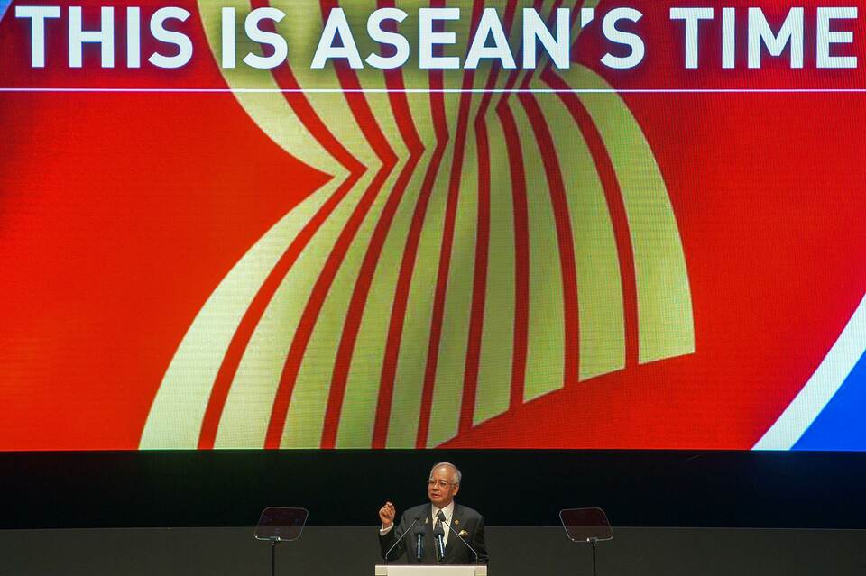 Malaysia's Prime Minister Najib Razak speaks during the opening ceremony of the 26th Asean Summit in Kuala Lumpur on April 27. Asean leaders are set to attend the 27th Asean high-level conference on Nov. 21-22. (AFP Photo/Mohd Rasfan)