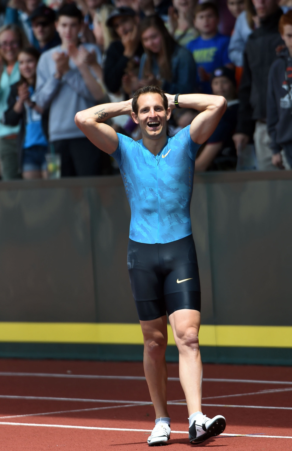 Renaud Lavillenie of France celebrates after clearing the bar on his way to winning the Men's Pole Vault on the final day of the Prefontaine Classic at Hayward Field in Eugene, Oregon, USA, on Saturday.  EPA Photo/Steve Dykes