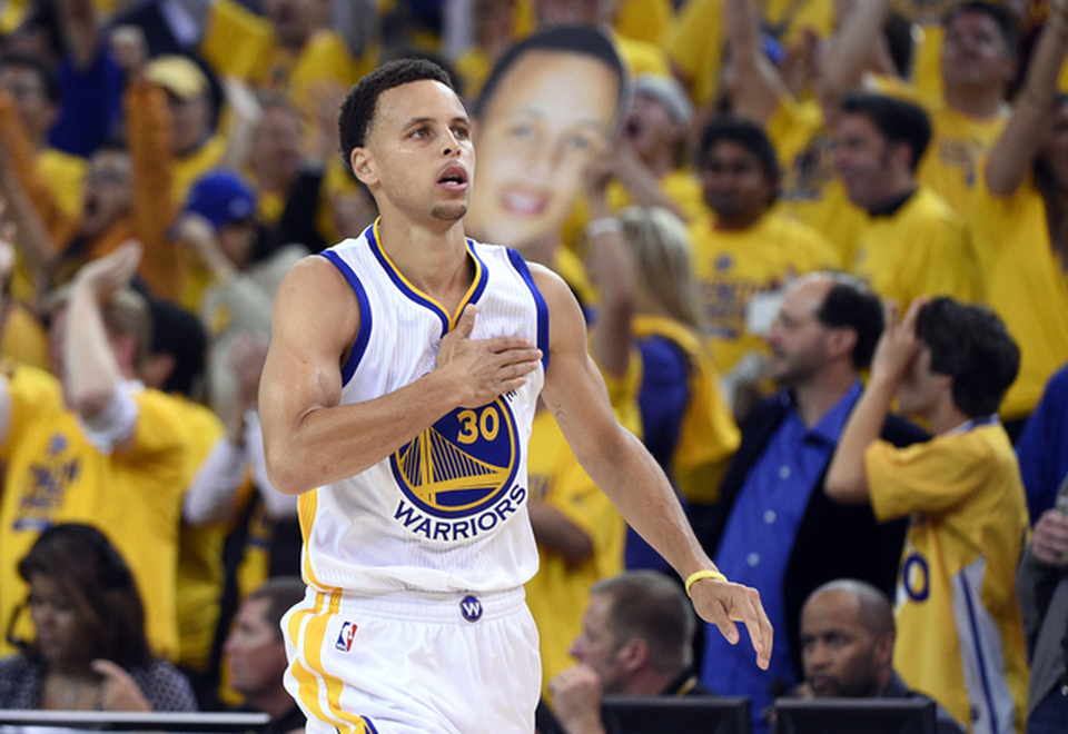 Golden State Warriors guard Stephen Curry (30) reacts after a play during the second quarter in game one of the NBA Finals. (Kyle Terada/USA TODAY Sports)