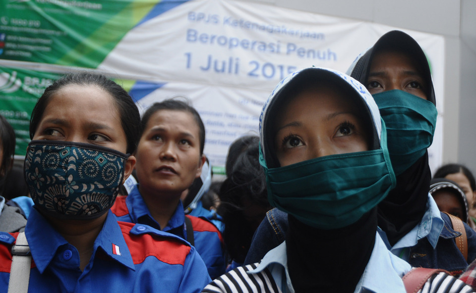 Workers at a rally in Bandung earlier this month. (Antara Photo/Novrian Arbi)