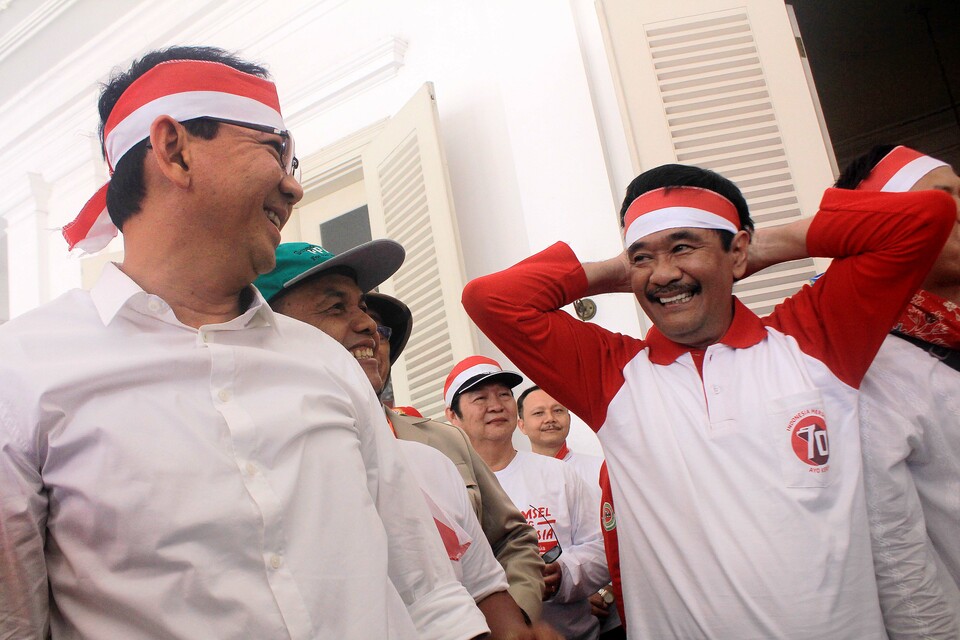 The Indonesian Democratic Party of Struggle, or PDI-P, has organized a course designed to assist the party's coaches in training election observers for the 2017 Jakarta gubernatorial race in which it will be represented by the incumbent pair Ahok-Djarot. (Antara Photo/Fanny Kusumawardhani)