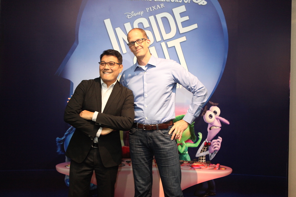 Ronnie del Carmen, left, and Pete Docter at the premiere of Inside Out in Jakarta, Aug 5, 2015. (Photo courtesy of Walt Disney Pictures)