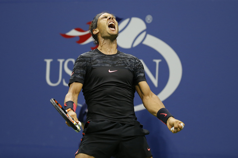 Rafael Nadal of Spain reacts after winning a point against Fabio Fognini of Italy (not pictured) on day five of the 2015 US Open tennis tournament at USTA Billie Jean King National Tennis Center. (Geoff Burke-USA TODAY Sports)