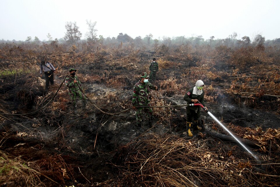The government on Tuesday (19/12) claimed to have drastically reduced the number of forest and land fire hot spots across the country by 94 percent in 2016 from 2015 and by 37 percent in 2017 from 2016, a minister said.(Reuters Photo/YT Haryono)