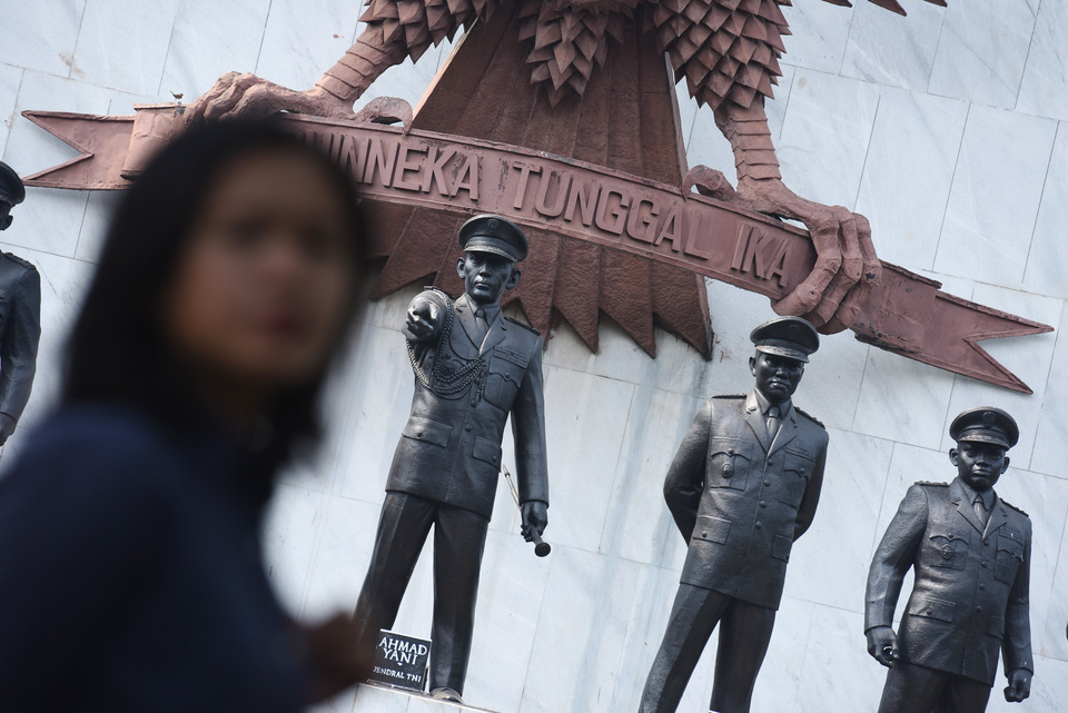 The Pancasila monument in Jakarta is dedicated to the military leaders who were murdered in the supposed 1965 coup attempt blamed on the Indonesian Communist Party (PKI). Up to a million PKI members were massacred in a pogrom against Indonesian communists in the year after that, which paved the way for the rise of former president Suharto's New Order regime. (Antara Photo/Hafidz Mubarak)