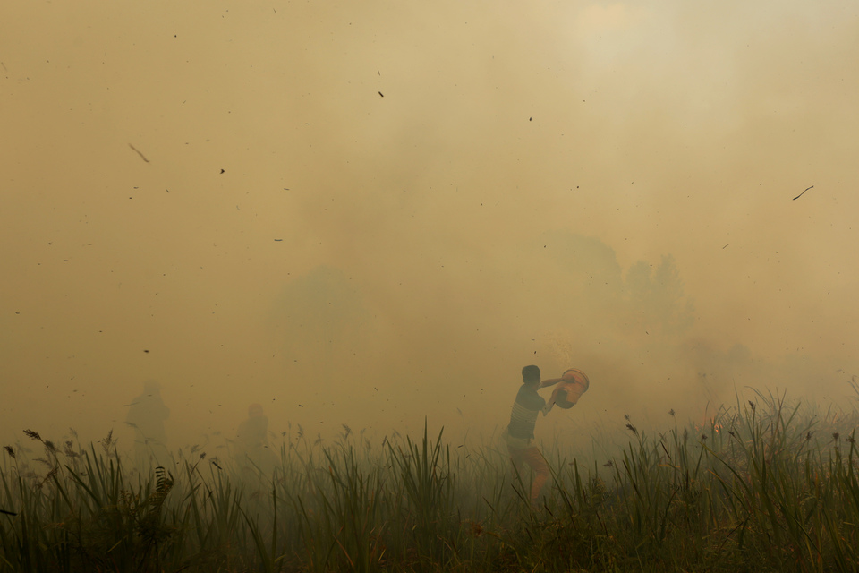 A villager in Ogan Ilir district, South Sumatra, tries to put out a forest fire in the area on Wednesday. President Joko Widodo visited the region on Sunday and threatened stern punishment for those responsible for setting forest fires. (Antara Photo/Nova Wahyudi)