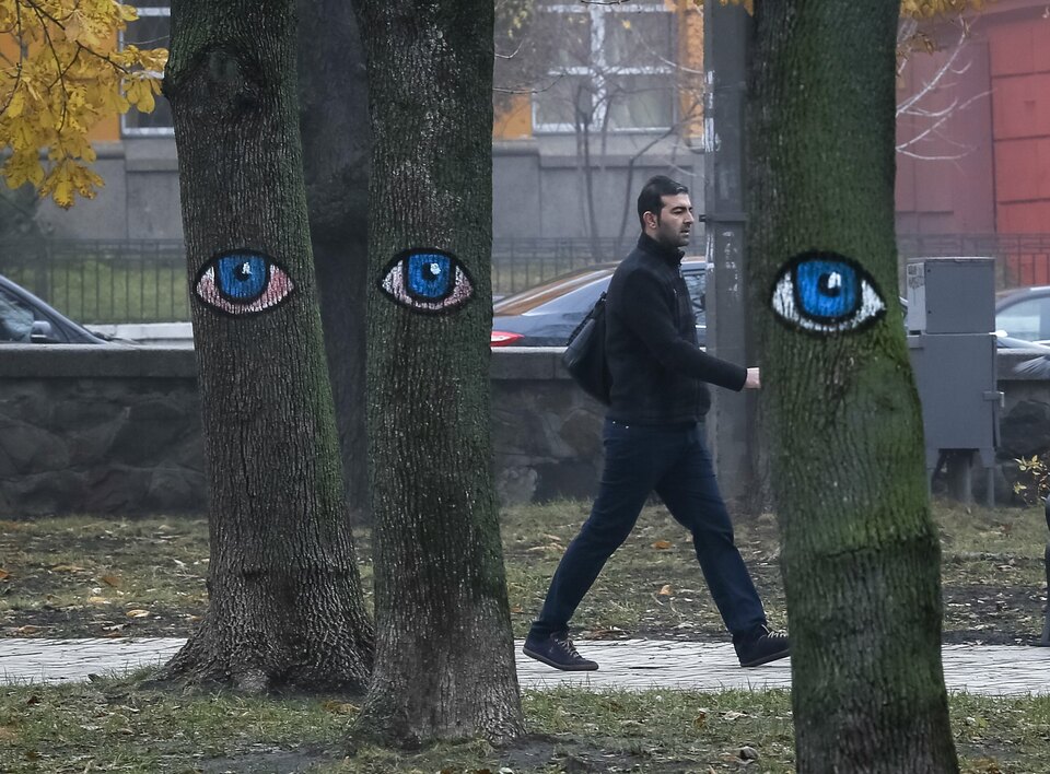A man walks past trees painted with eyes in a park in central Kiev, Ukraine, November 17, 2015.  (Reuters Photo/Gleb Garanich)