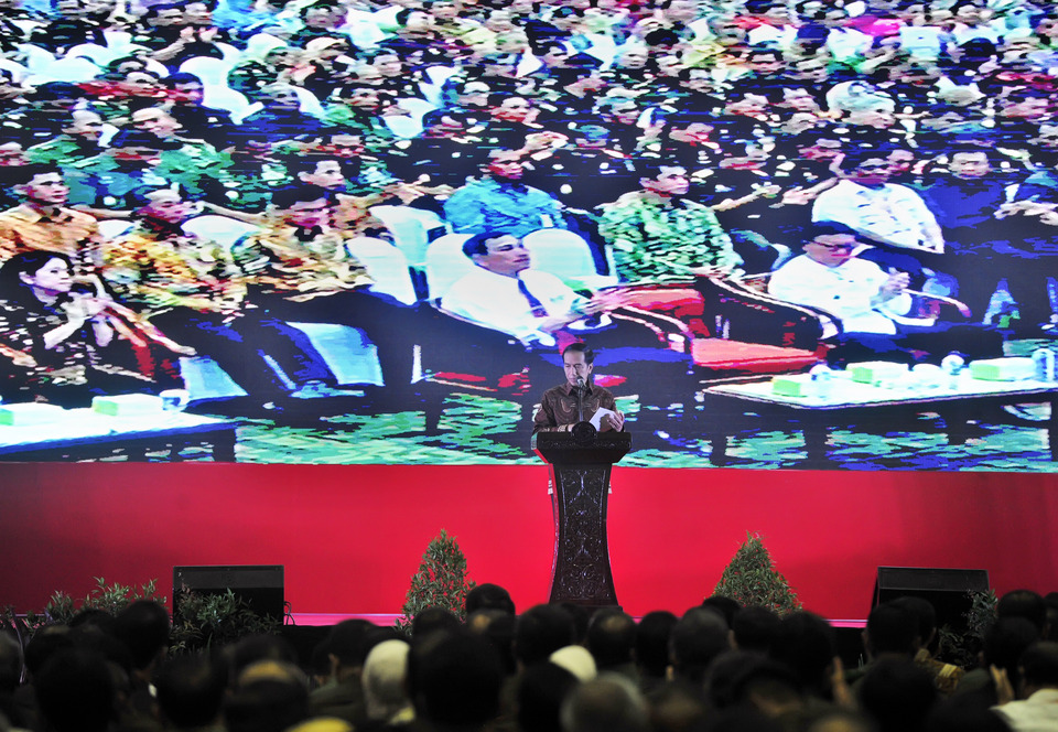 President Joko Widodo addressed the Rakornas on Thursday. (Antara Photo/Yudhi Mahatma) 