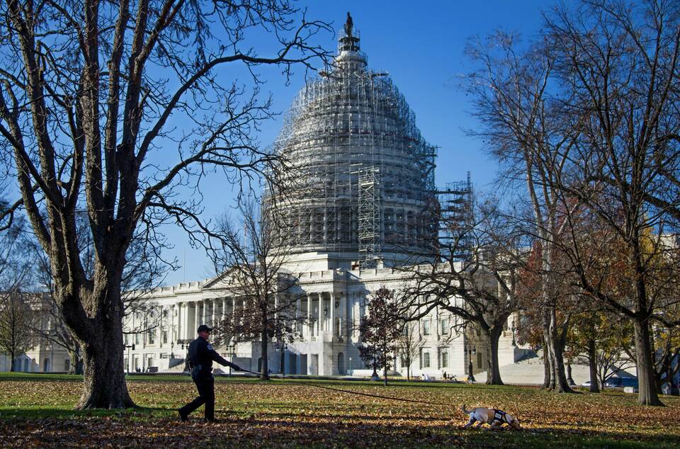 A K-9 Capitol Police officer does an early morning patrol of the Capitol grounds in Washington, DC, November 25, 2015. Law enforcement officials across Washington are taking additional steps to protect the nation's capital and its infrastructure following the Islamic State's threat to strike Washington in the days following its deadly attack on Paris. (AFP Photo/Jim Watson)