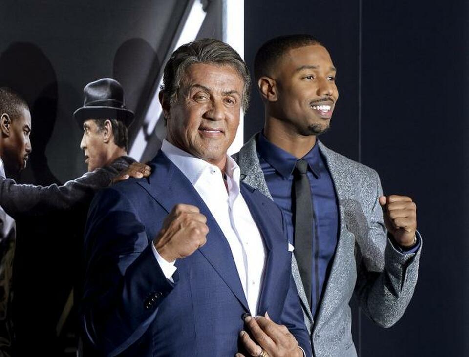 Cast members Sylvester Stallone, left, and Michael B. Jordan pose during the premiere of the film "Creed" in Los Angeles, California, Nov. 19, 2015.  (Reuters Photo/Kevork Djansezian)