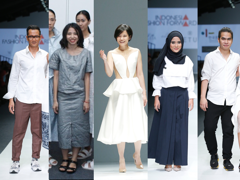Designers Toton Januar, Felicia Budi, Peggy Hartanto, Restu Anggraini and Patrick Owen. (Photos courtesy of Jakarta Fashion Week)