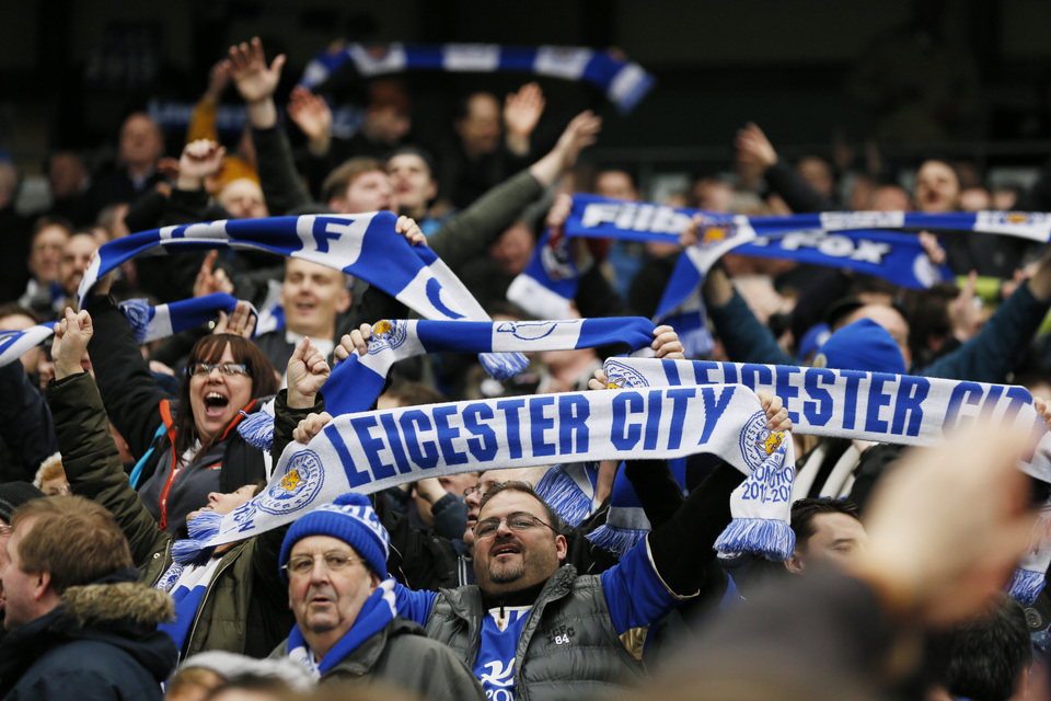 Leicester City fans celebrate at the end of the game between Leicester City and Manchester City. (Reuters Photo/Jason Cairnduff)