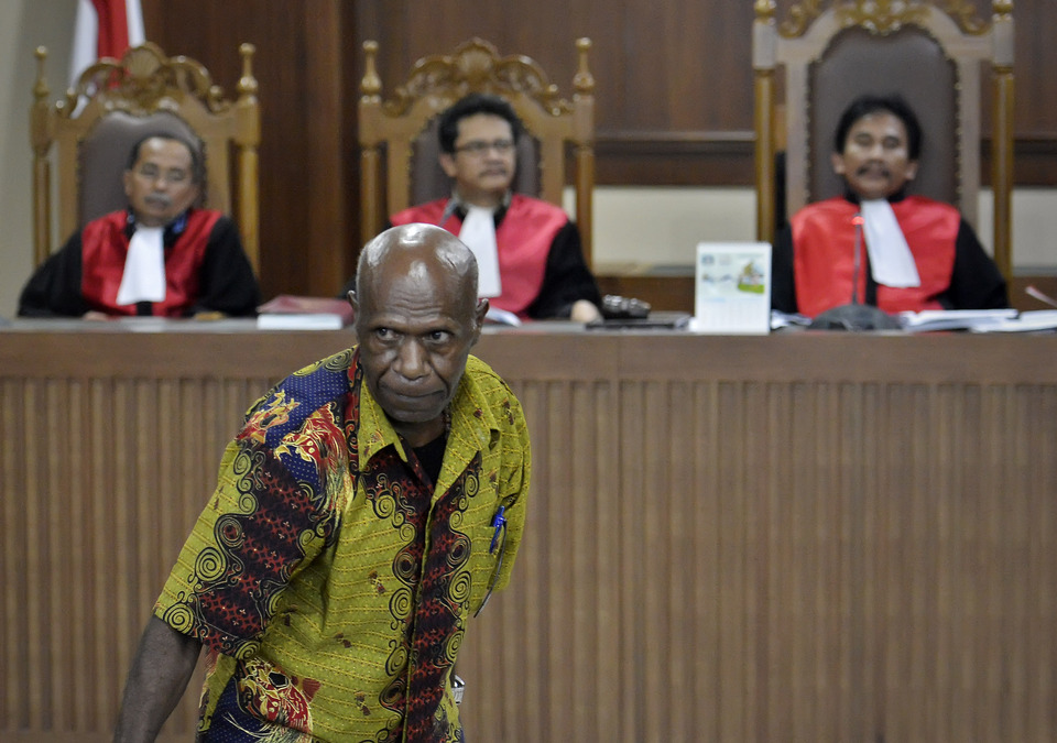 Irenaeus Adii faces the Jakarta Corruption Court on Wednesday (24/03). (Antara Photo/Yudhi Mahatma)
