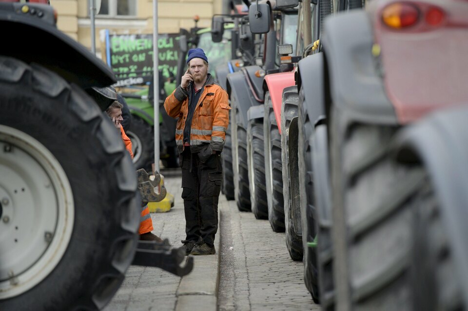 Farmers from different parts of Finland with their tractors participate in a demonstration over declining agricultural earnings in Helsinki, Finland, in this March 11, 2016 file photo. (Reuters Photo/Vesa Moilanen)