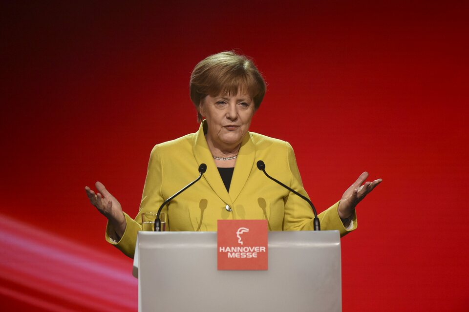 German Chancellor Angela Merkel makes a speech during the opening ceremony of the Hannover Messe in Hanover, Germany. (Reuters Photo/Nigel Treblin)