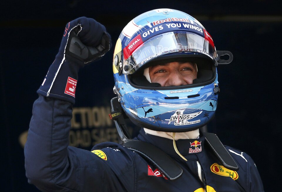 Red Bull Racing F1 driver Daniel Ricciardo celebrates pole position.   (Reuters Photo/Eric Gaillard)