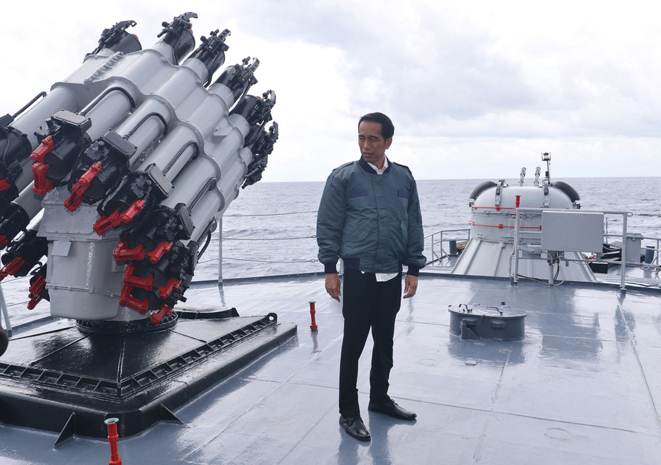 President Joko 'Jokowi' Widodo, in what appears to be the country's strongest diplomatic gesture yet towards Beijing, held a cabinet meeting on the Natuna Sea aboard the warship Imam Bonjol, which was named after the famous anticolonial national hero.  (Antara Photo/Setpres-Krishadiyanto)