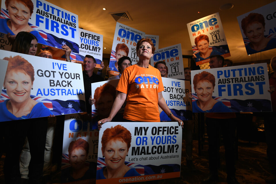Australian senator-elect Pauline Hanson with supporters over the weekend. (Reuters Photo/Dan Peled)