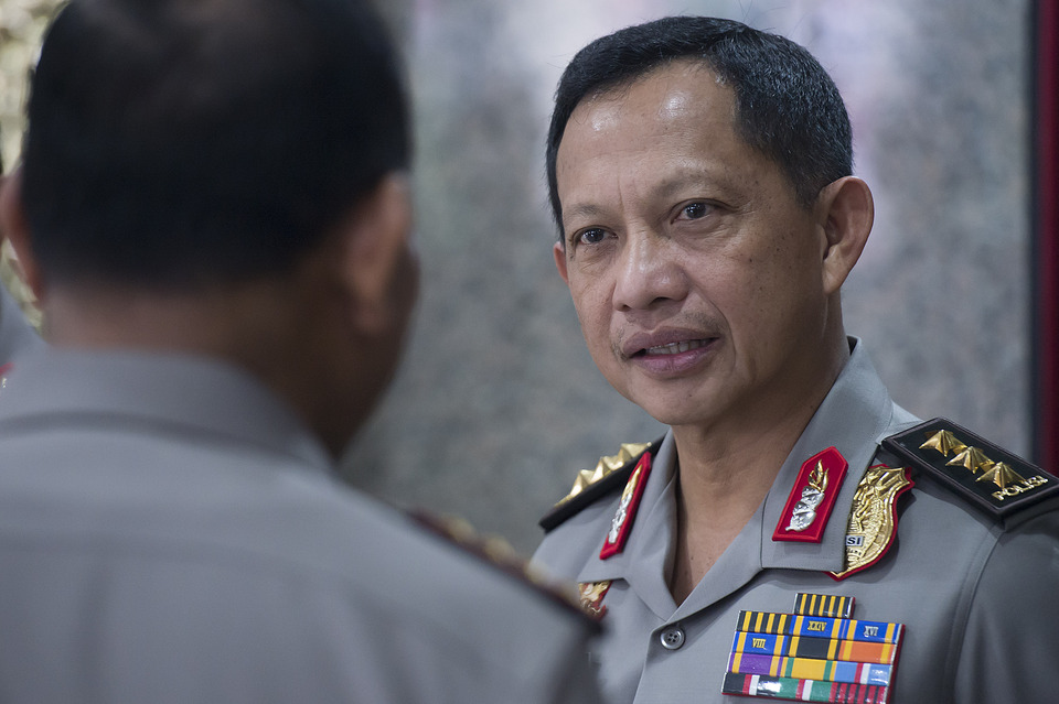 National Police chief Gen. Tito Karnavian wants law enforcers to work with antigraft commissioners to deter money politics in the 2018 regional elections. (Antara Photo/Widodo S. Jusuf)