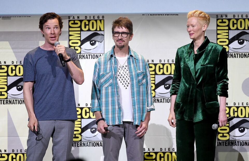 Actor Benedict Cumberbatch, director Scott Derrickson, and actor Tilda Swinton attend the Marvel Studios presentation during Comic-Con International 2016 at San Diego Convention Center on July 23, 2016 in San Diego, California.  (AFP Photo/Kevin Winter/Getty Images)