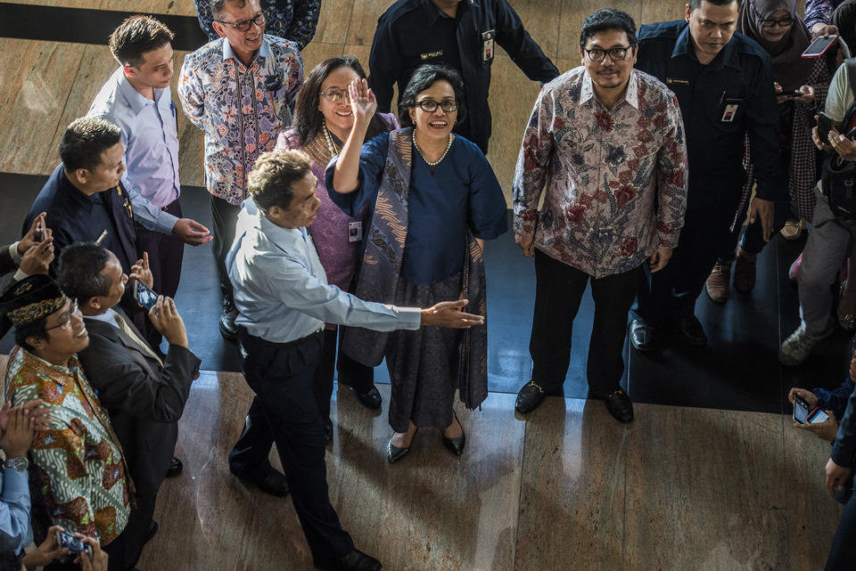 New finance minister Sri Mulyani arrives at the Finance Ministry headquarters in Jakarta on Wednesday (26/07) for her second spell at the office. (Antara Photo/M. Agung Rajasa)