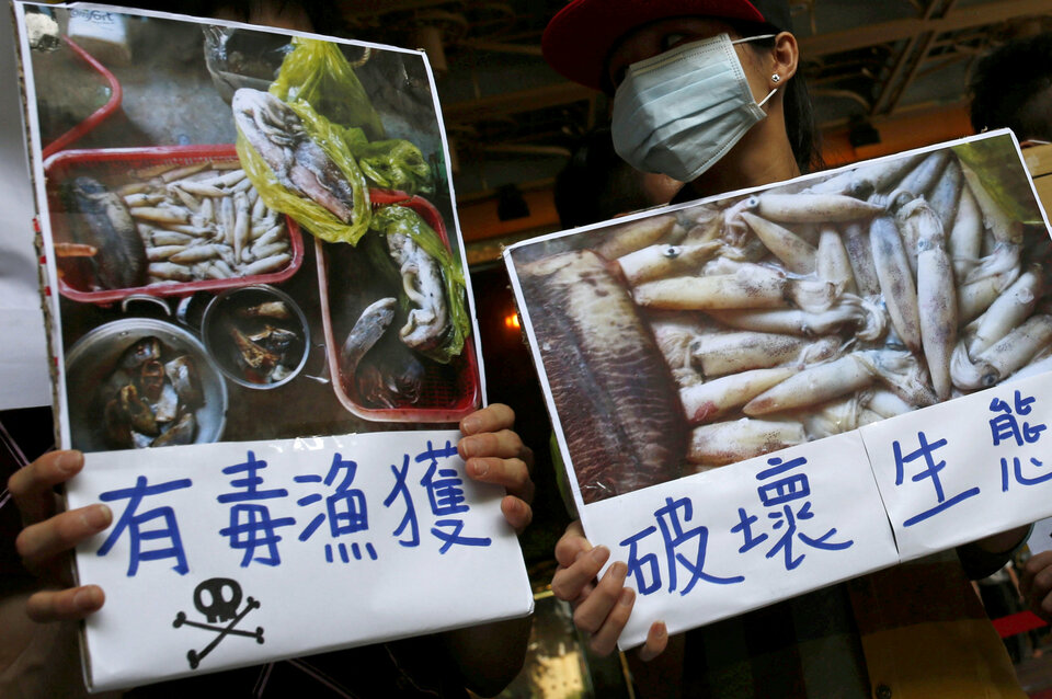 Protesters hold placards during a protest calling for Formosa Plastics to investigate and voluntarily disclose its own findings on massive fish deaths in Vietnam, in Taipei, Taiwan on June 17, 2016. (Reuters Photo/Tyrone Siu)