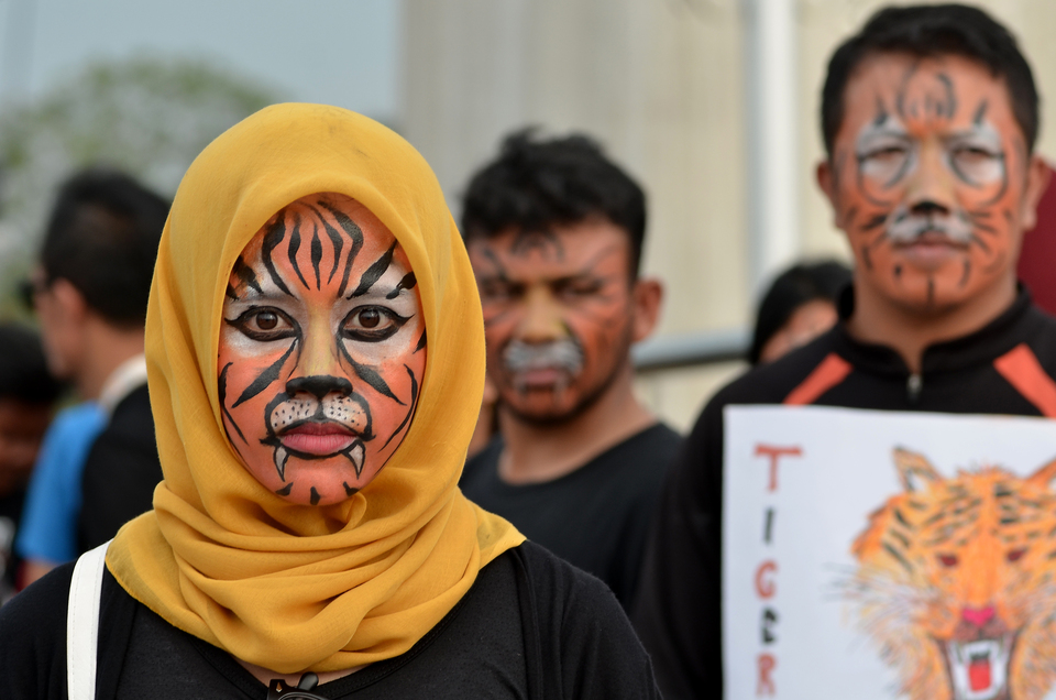 A volunteer from Sumatran tiger conservation forum Harimau Kita and members of the Jambi community are pictured performing in a play in commemoration of Global Tiger Day at a bridge in front of Gentala Throne, Jambi, on Saturday (06/08). The commemoration is part of a campaign to encourage law enforcement to impose harsher sentences on Sumatran tiger poachers and traders to deter them from committing such offences. (Antara Photo/Wahdi Septiawan)