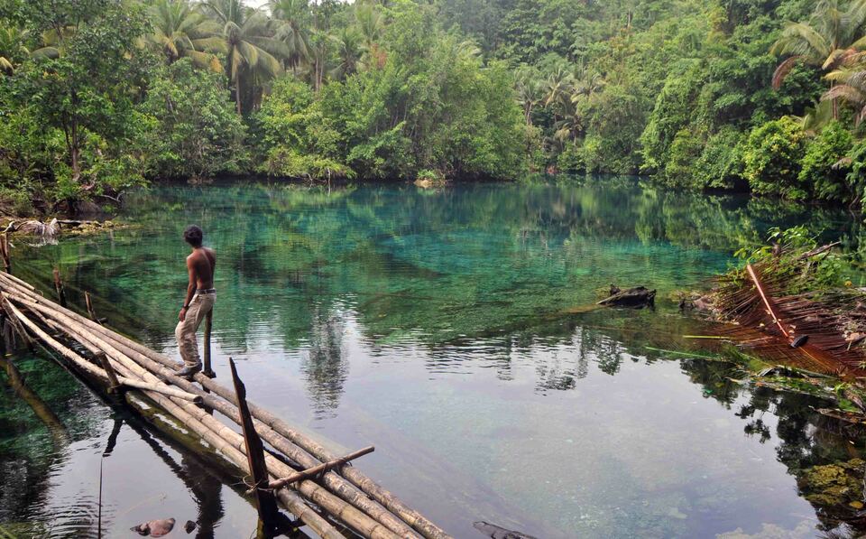 Paisu Pok lake in Luk Panenteng, North Bulagi, Banggai Islands, Central Sulawesi, on Wednesday (02/11), has become a tourist destination for its fresh and salt water pools. The lake is in disrepair, with many concerned for its well being. (Antara Photo/Fiqman Sunanda) 


