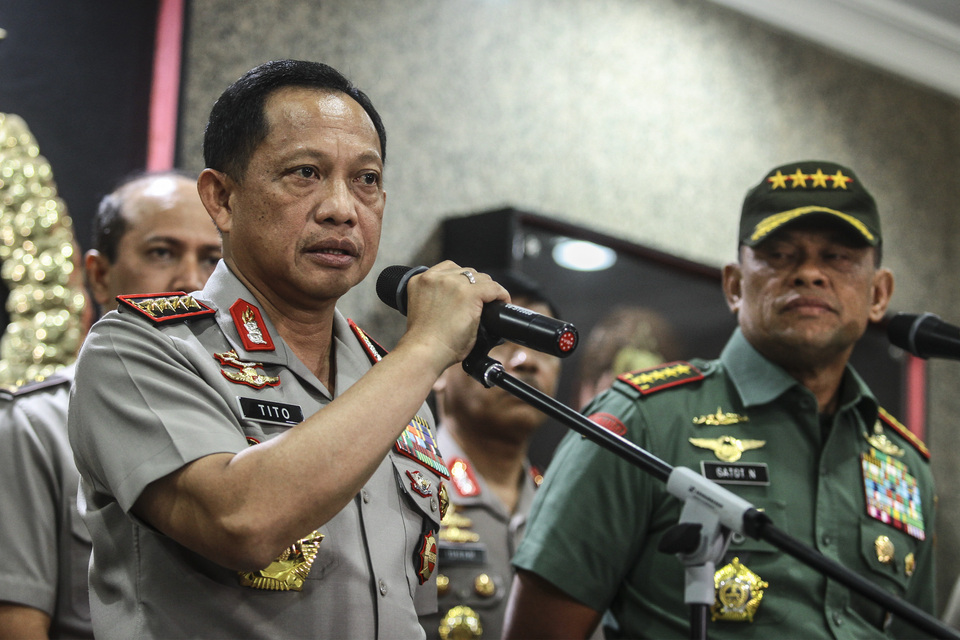 National Police chief Gen. Tito Karnavian said on Tuesday (07/08) that nearly 300 suspects have been arrested since the series of terrorist attacks in East Java during May. (Antara Photo/Muhammad Adimaja)