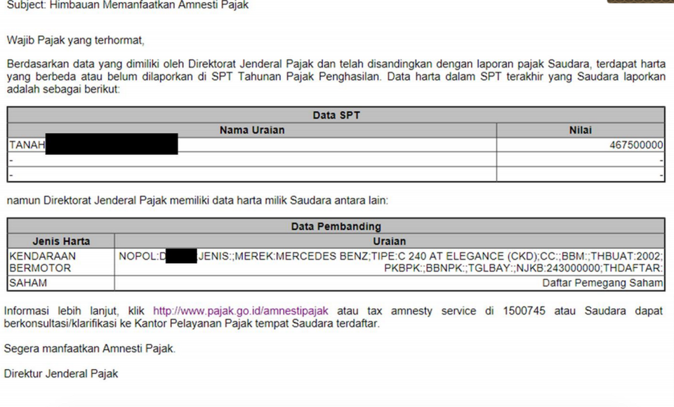 A copy of the email sent by the Tax Office to a taxpayers. The email said the taxpayer reported a land as his only asset in his tax report while a third-party data said he has a Mercedes Benz and stocks.(Courtesy of Indonesia's Tax Office)