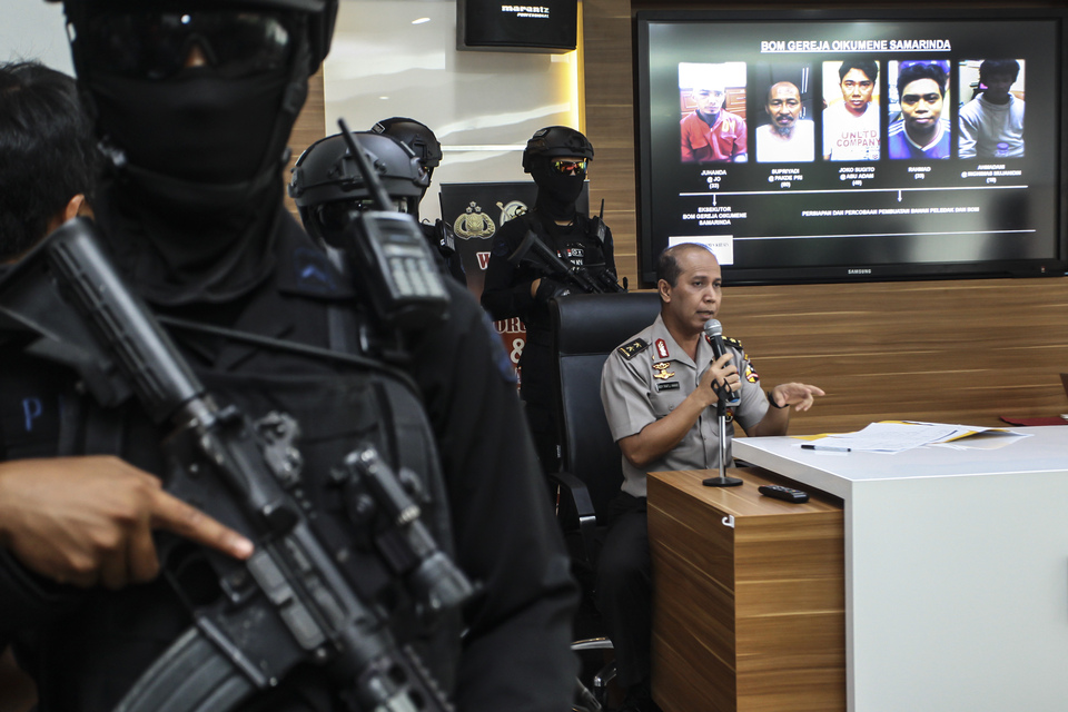 National Police spokesman Insp. Gen. Boy Rafli Amar addressing the media in Jakarta on Nov. 30 regarding the arrest of terrorists in several regions of Indonesia. Activists sent a letter to lawmakers on Tuesday (06/12) in protest of a range of stipulations under the antiterrorism bill, which they say could lead to widespread human rights abuses. (Antara Photo/Muhammad Adimaja)