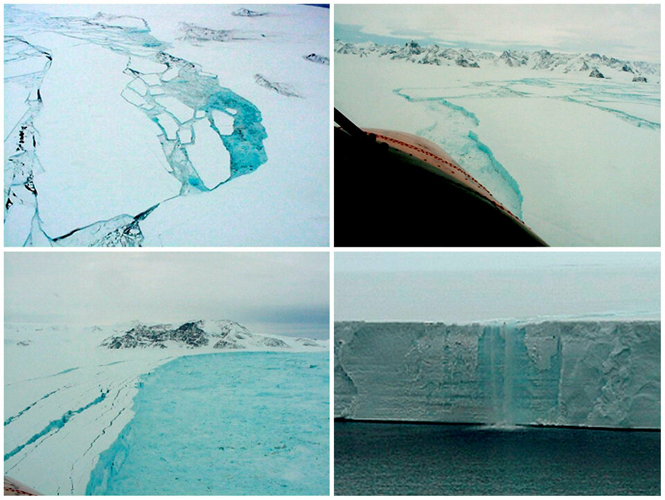 A combination of aerial photographs taken in February and March 2002 of parts of the Larsen B shelf in the Antarctic show different aspects of the final stages of the collapse. The pictures show (clockwise from top L) the shelf breaking up near Foca Nunatak, a rift in the ice sheet near Cape Desengano, a cascade of water from melting ice nearly 30 meters high along the front of the shelf, and the new front edge of the shelf breaking up near Cape Foyn. (Reuters Photo)