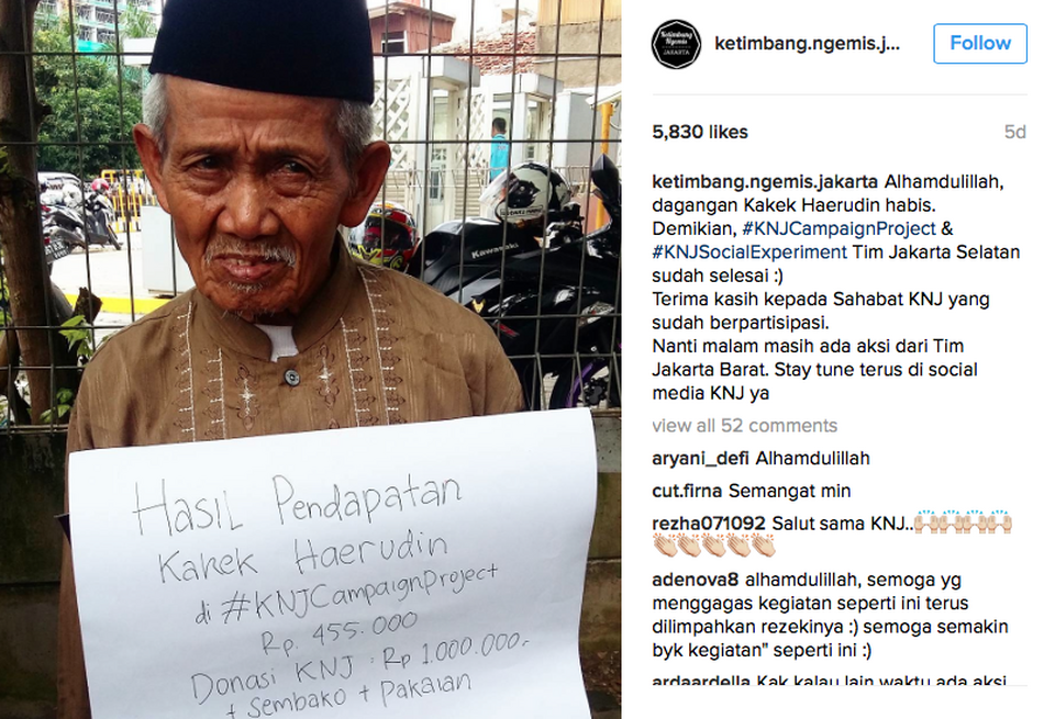 A screenshot from the Instagram feed of charity organization Ketimbang Ngemis Jakarta, featuring 93-year-old Haerudin, who received a donation and help to sell his breads. 