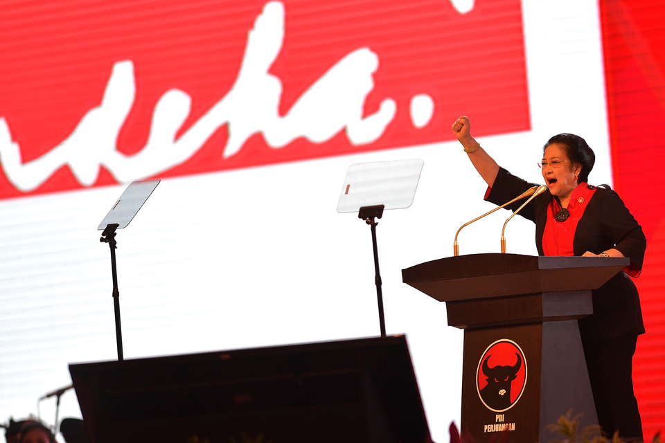 PDI-P chairwoman Megawati Sukarnoputri during her speech on Tuesday (10/01). (Antara Photo/Widodo S Jusuf)