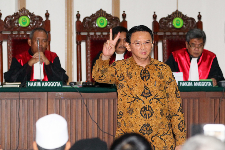 Jakarta Governor Ahok at his blasphemy trial in January. (Antara Photo/Dharma Wijayanto)