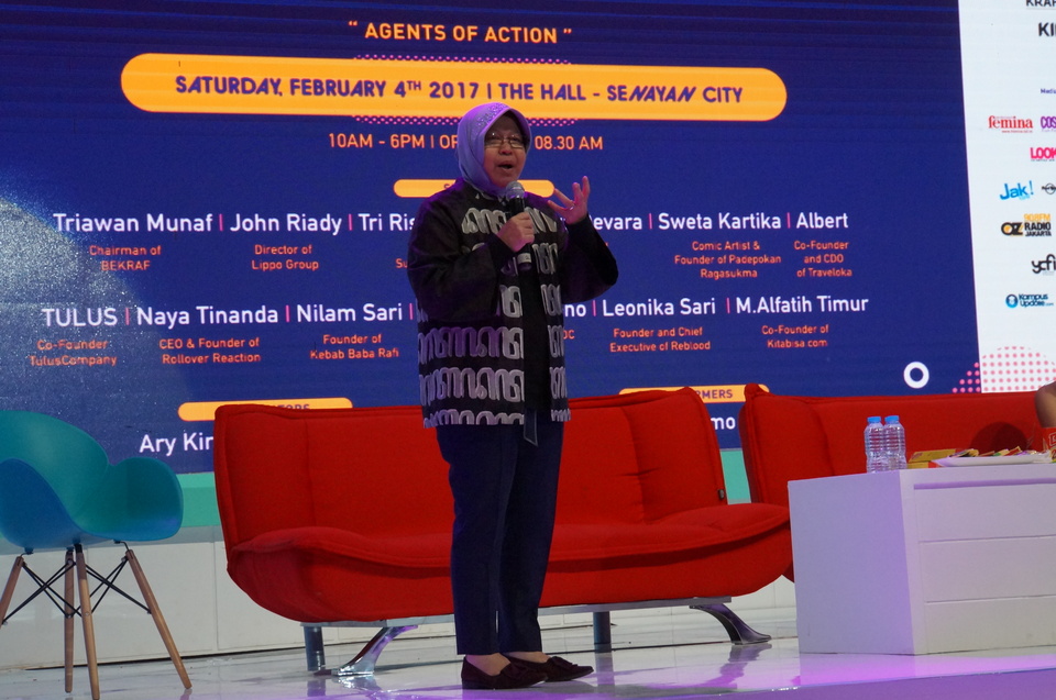 Surabaya Mayor Tri Rismaharini said her goal is to empower local residents, she said at the Creativepreneur Corner 2017 talk show at Senayan City's The Hall in Jakarta on Saturday (04/02). (JG Photo/Dhania Putri Sarahtika)