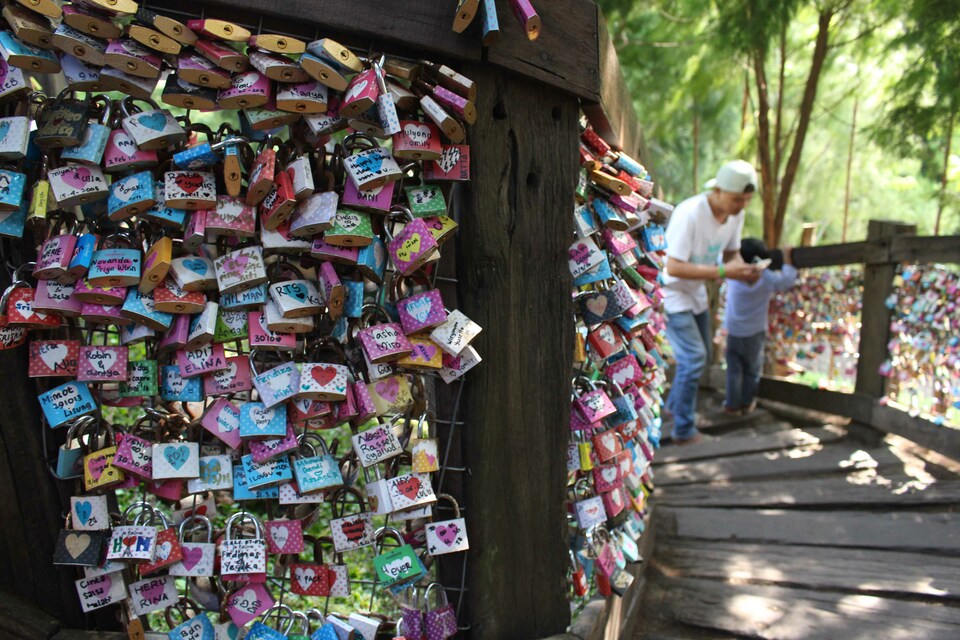 Visitors put padlocks on the installation 'Lock of Love' in Lembang, Bandung, West Java, on Monday (13/02), ahead of the Valentine's Day. (Antara Photo/Septianda Septianda Perdana)