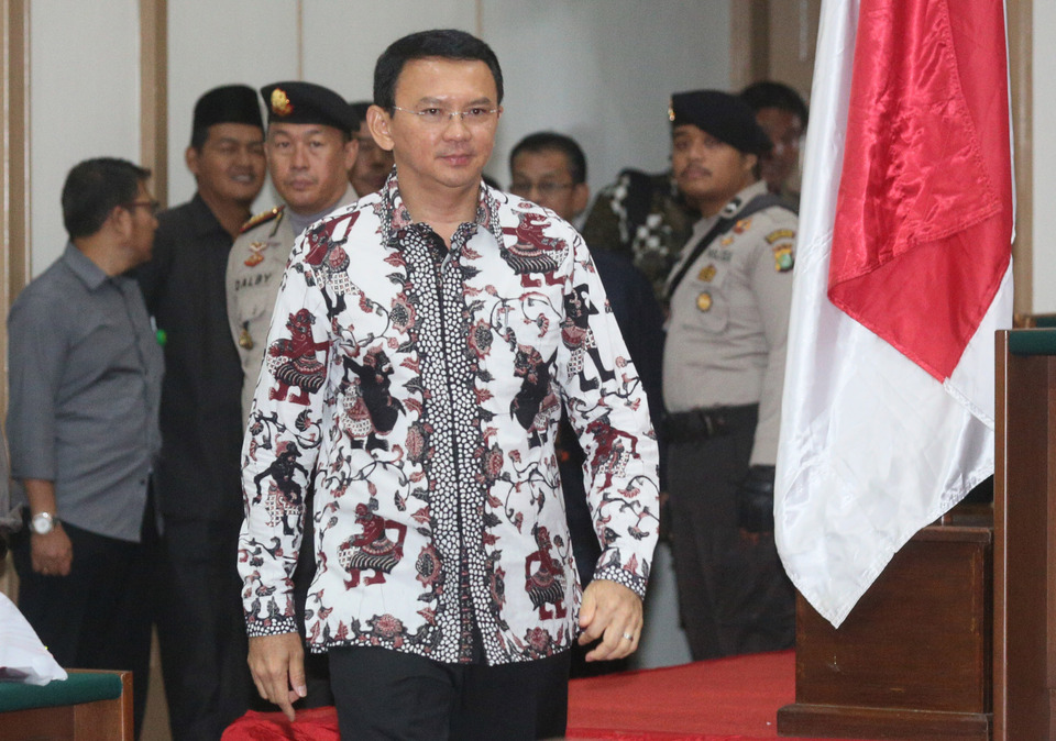 Jakarta Governor Basuki 'Ahok' Tjahaja Purnama was formally charged with blasphemy of religion in November of last year after prominent Muslim hardliners orchestrated waves of mass demonstrations in Jakarta and elsewhere throughout the archipelago, calling for his arrest. (Antara Photo/Ramdani) 