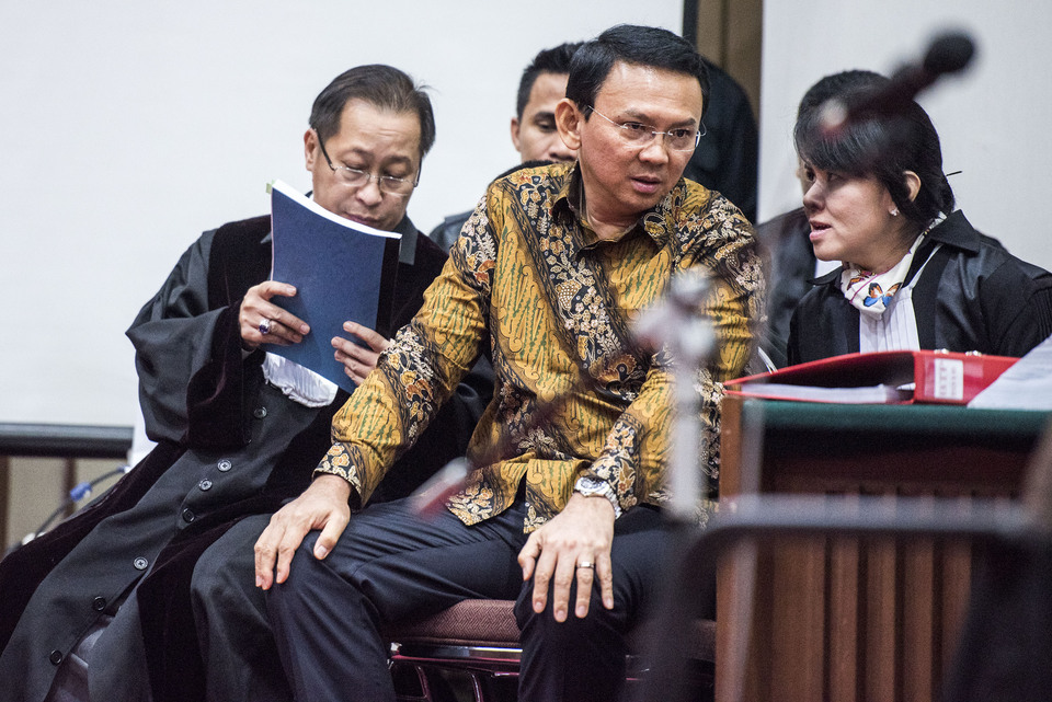 Jakarta Governor Basuki 'Ahok' Tjahaja Purnama at his blasphemy trial on Tuesday (21/02). (Antara Photo/M. Agung Rajasa)