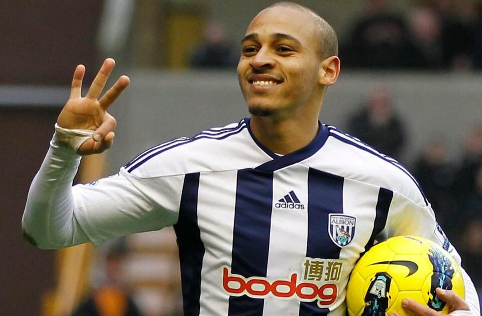 Peter Odemwingie celebrates after his hat trick for West Bromwich Albion. (Photo courtesy of the Premier League)