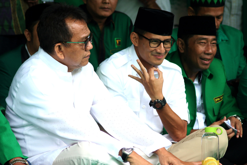 Sandiaga Uno — Anies Baswedan's running mate in the Jakarta gubernatorial election — has requested that his meeting with the Jakarta Police to explain his involvement in an embezzlement case be rescheduled until after the second round of the Jakarta gubernatorial election on April 19. (Antara Photo/Rivan Awal Lingga)