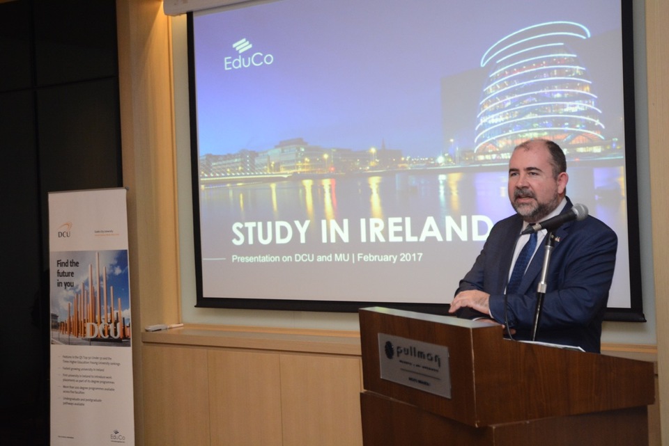 Irish ambassador Kyle O'Sullivan gives a speech at the launch of EduCo's partnership program with DCU and Maynooth University on Wednesday (01/03).  (Photo courtesy of EduCo)