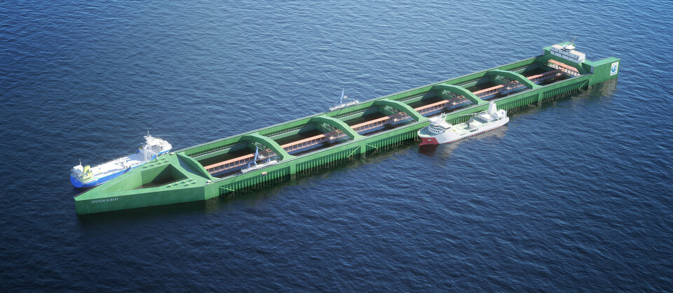 Norwegian salmon farming firm Nordlaks is proposing a design for a 400-meter long fish farm, as in this illustration, that would be able to withstand exposed seas, away from coastal areas where fish suffer from marine lice. (Reuters Photo/Nordlaks)