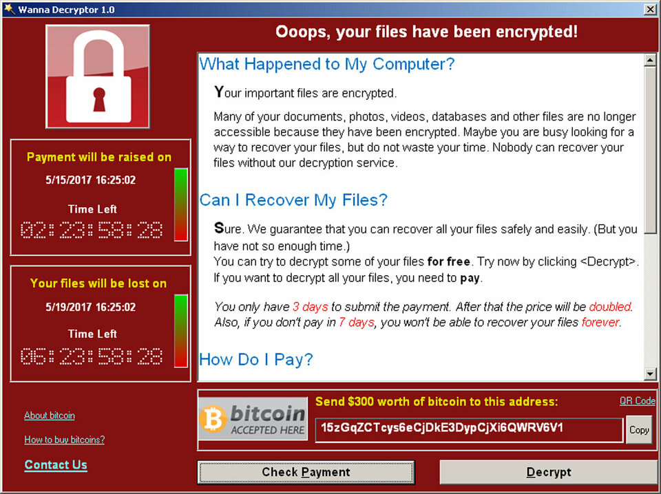 A screenshot shows a WannaCry ransomware demand, provided by cyber security firm Symantec, in  Mountain View, California, on Monday (15/05). (Reuters Photo/Symantec)