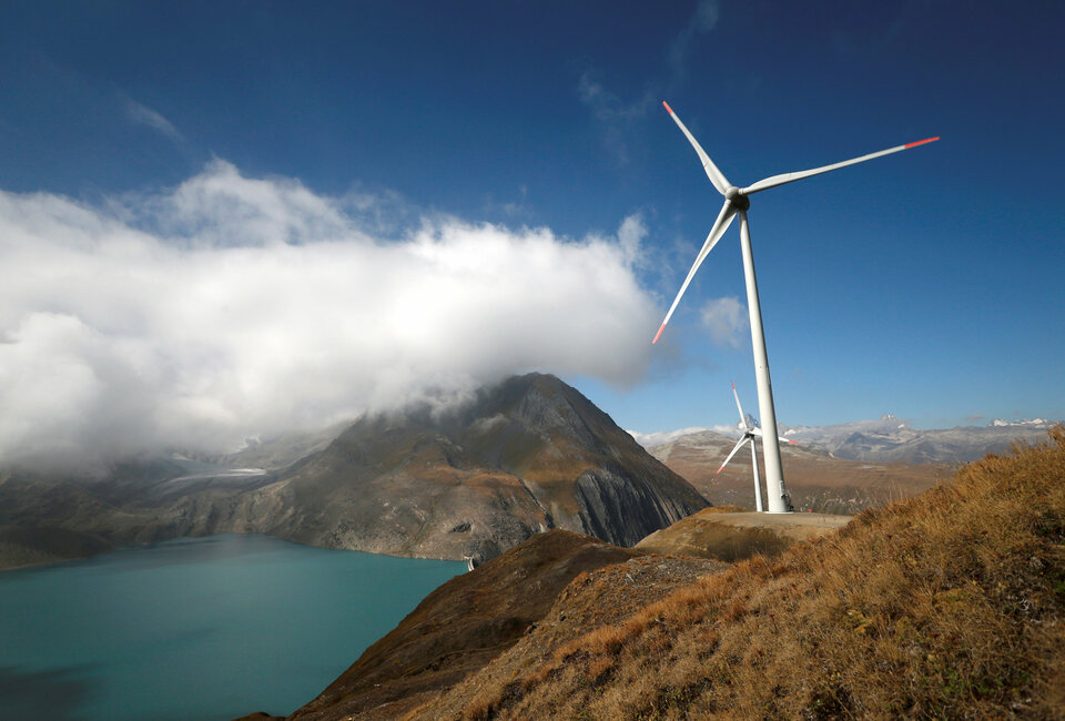 Wind turbines are pictured at Swisswinds farm, Europe's highest wind farm at 2500m, before the topping out ceremony near the Nufenen Path in Gries, Switzerland. (Reuters Photo/Denis Balibouse)