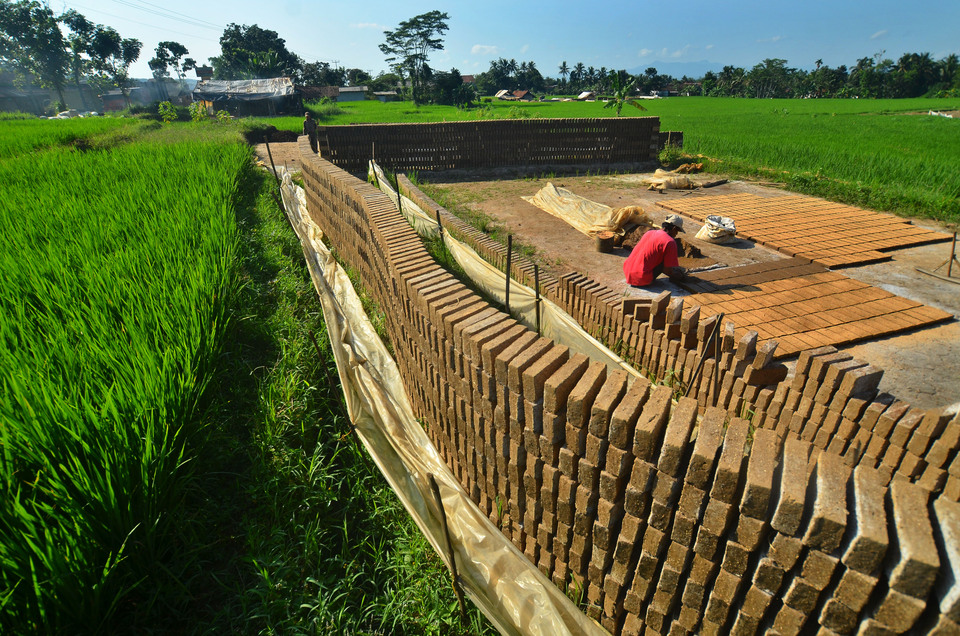 Farmers in Sukamana near Ciamis in West Java, make money on the side by making bricks that they dry outside on their rice fields.  (Antara Photo/Adeng Bustomi)