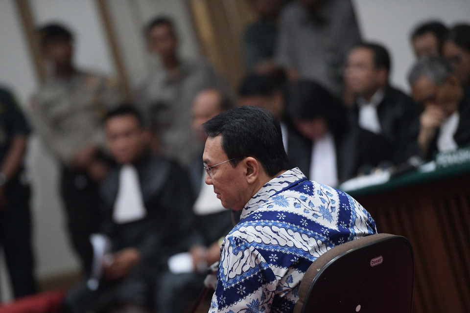 The North Jakarta District Court found incumbent Jakarta Governor Basuki 'Ahok' Tjahaja Purnama guilty of blasphemy and sentenced him to two years in prison on Tuesday morning (09/05).  (Antara Photo/Sigid Kurniawan)