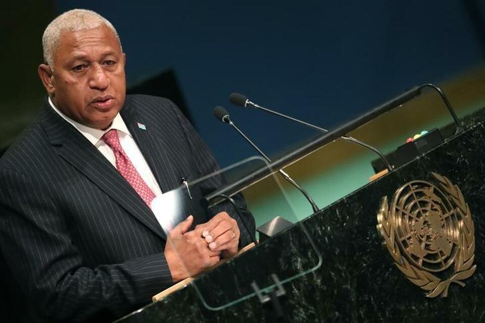Prime Minister Frank Bainimarama of Fiji speaks at the conclusion of a "High-Level Event on Entry into Force of the Paris Agreement on Climate Change" meeting at United Nations headquarters in the Manhattan borough of New York, US, September 21, 2016.  (Reuters Photo/Carlo Allegri)